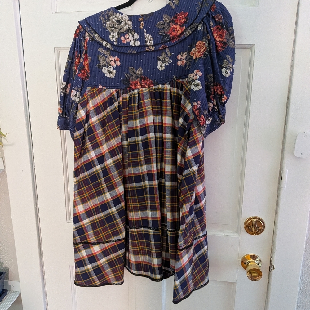Pilcro Anthropologie Bow-Front Plaid Tunic Mini Dress Blue Brown Size L - Picture 4 of 4
